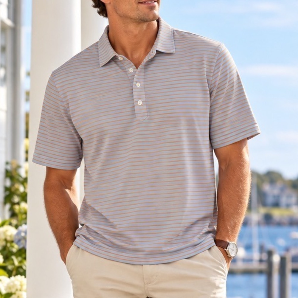 Johnnie-O Mens XXL Blue Orange Striped Performance Polo Shirt Short Sleeve D5